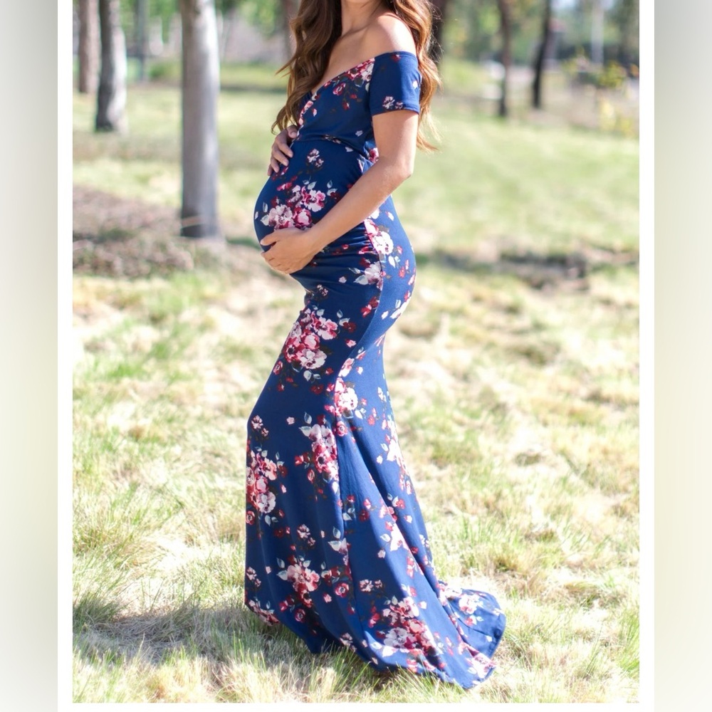 Pinkblush Maternity Navy Floral Off-Shoulder Maxi Dress